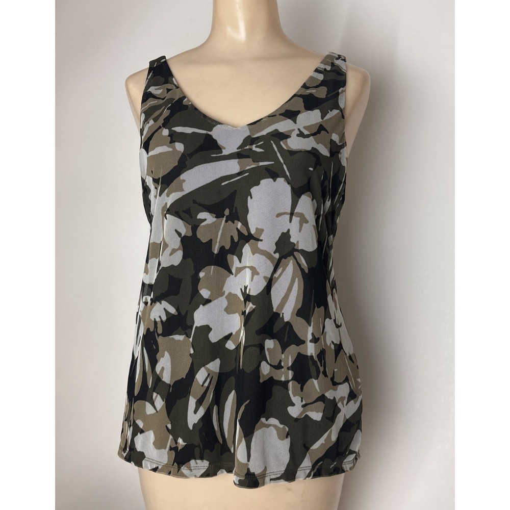 Chico's size 1 US Medium Camo-Floral Print Mesh Tank Top Army Olive Green